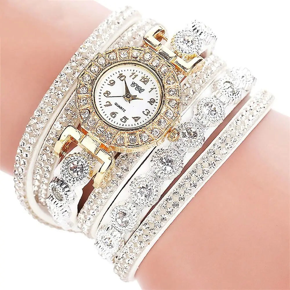 Quartz Round Watch Fashion Alloy With Diamond Bracelet Watches PU Leather Quartz Wrist Watches Women