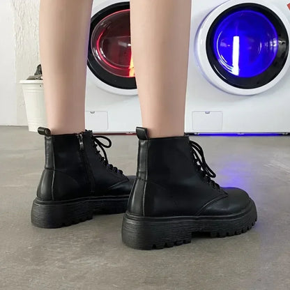 2023 Brand Shoes Female Winter Women's Boots Classics Ankle Boots Women Solid Side Zip Round Toe Lace Up Square Heel Shoes Women