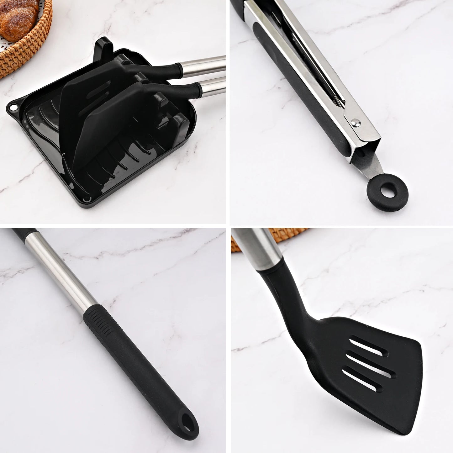 Silicone Kitchenware Set Cookware Heat Resistant Spatula Shovel Soup Spoon Stainless Steel Handle Non-stick Kitchen Accessories