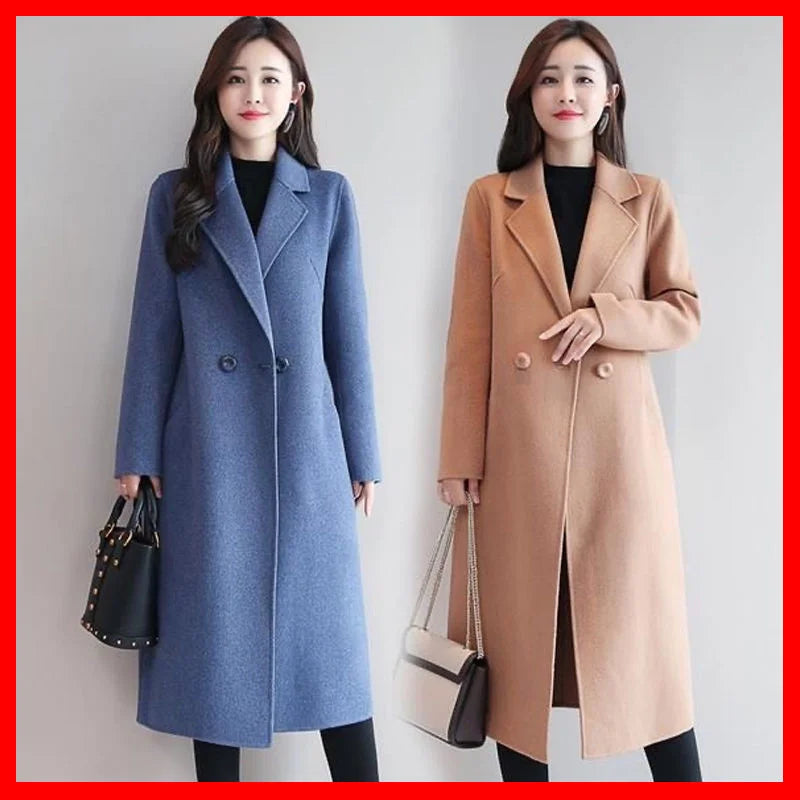 Women Elegant Long Wool Coat Blue Classic Korean Woolen Overcoat Warmness Outwear Autumn Winter Single Button Fashion Women