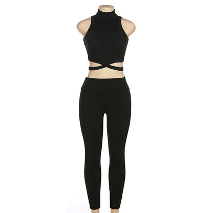 Woman 2pcs Rib Suit Solid Color Sleeveless High Neck Hollow out Crop Tank +Tight Legging Tracksuit 2Color S-L