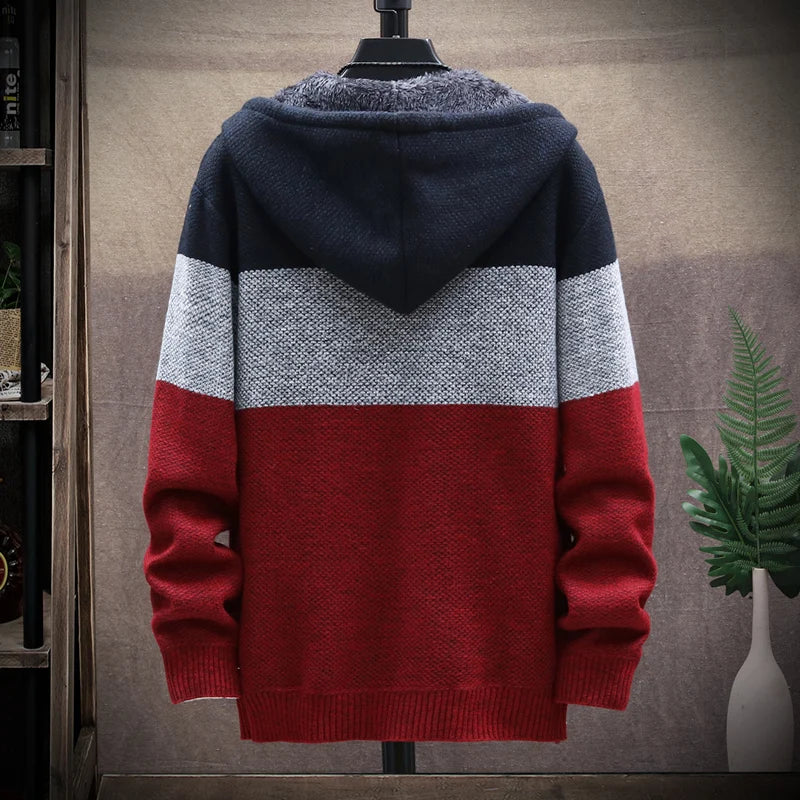 2023 Autumn Korean style Hooded Men's Sweater mens Thick and Velvet Men Cardigan Knitted Sweater Coat Stripe Jacket Male M-4XL