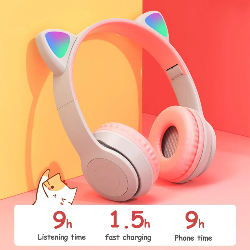 Flash Light Cute Cat Ear Headphones Wireless with Mic Can close LED Kids Girl Stereo Phone Music Bluetooth Headset Gamer