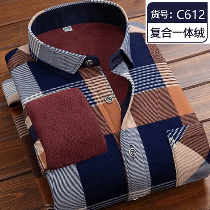 2023 Autumn and Winter New Fashion Trend Plus Fleece Plaid Long-Sleeved Shirt Men's Casual Loose Comfortable Warm Shirt M-5XL