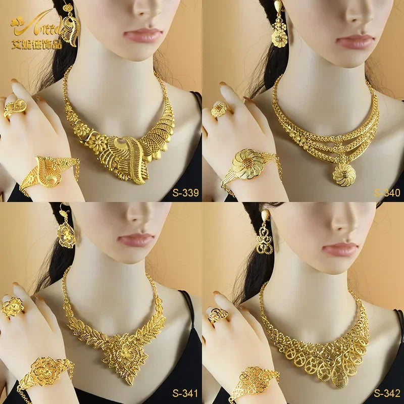 24k Gold Plated Arab Bridal Necklace Earrings Ring Bracelet Indian Ladies Jewelry Set