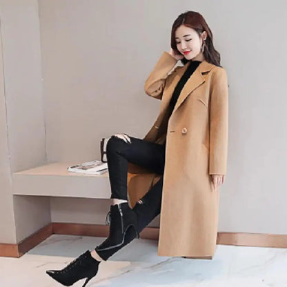 Stylish Lady Coat Double Buttons Warm Mid-calf Length Midi Length Lady Coat