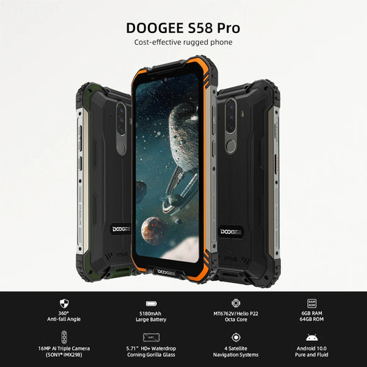 DOOGEE S58 Pro Rugged 5.71" FHD Display 6GB RAM 64GB ROM Helio P22 Octa Core 16MP Triple Camera Fingerprint ID 5180mAh Battery