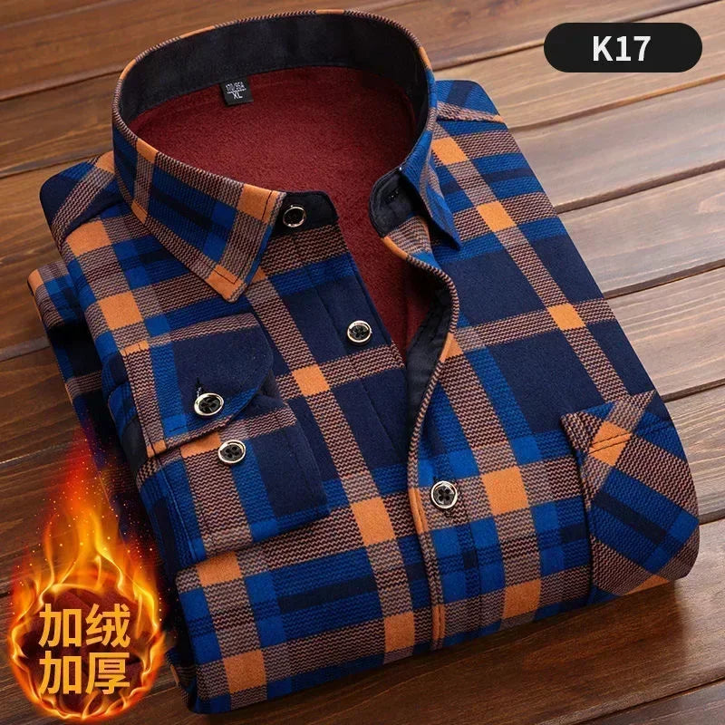 2023 Autumn/Winter New Men's Fashion Long Sleeve Plaid Shirt Fleece and Thick Warm Men's Casual High Quality Large Size Shirt