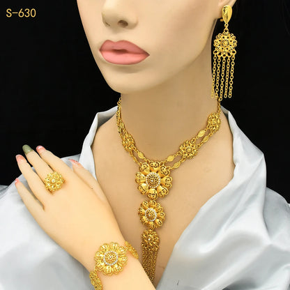 XuHuang Africa Dubai Flowers Long Gold Plated Jewelry Sets For Lady Engagement Nigerian 4Pcs Jewellery Set Wholesale New Gifts