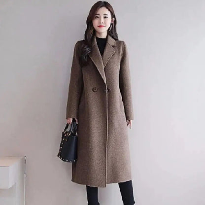 Stylish Lady Coat Double Buttons Warm Mid-calf Length Midi Length Lady Coat