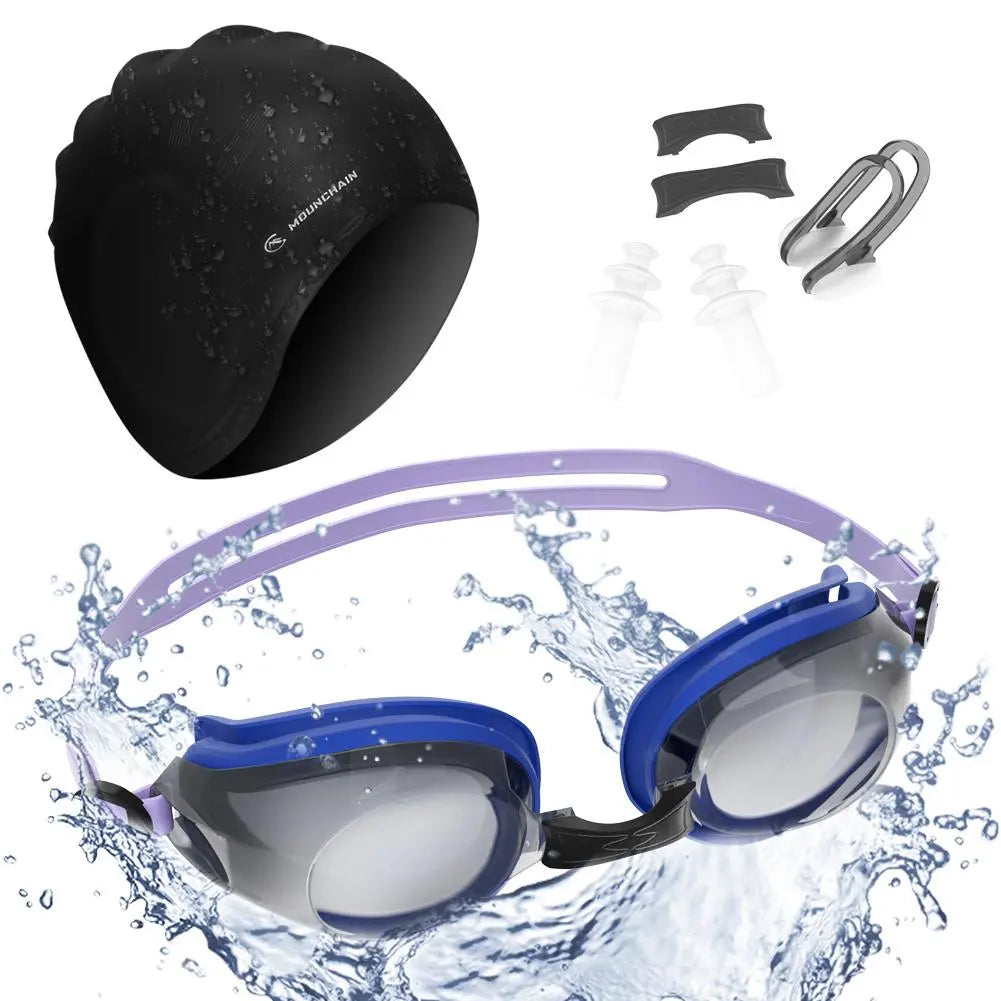 Outdoor Swimming Cap Swimming Goggles Set Silicone Swim Cap Anti Fog UV Protective Goggles (Nose Clip Ear Plugs Sets Included)