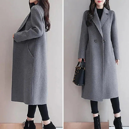 Solid Color Woolen Coat Stylish Women's Woolen Coat Lapel Long Sleeve Two Buttons Pockets Autumn/winter Fashion Outerwear for A